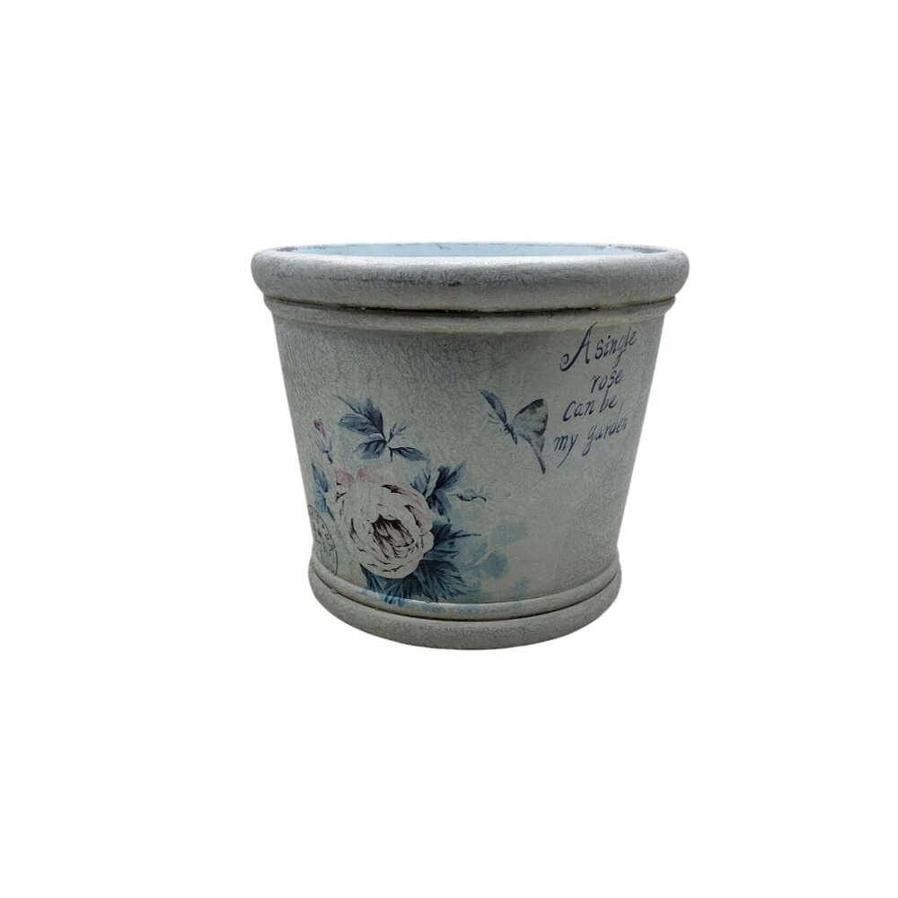 Vintage Powder Blue Ceramic "A Single Rose Can Be My Garden" Planter Pot